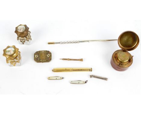 A small quantity of collectors' items comprising two Grand Tour brass mounted perfume bottles, one with lid set with picture 