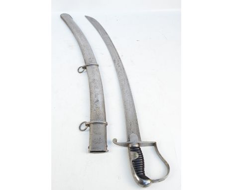 A 19th century curved sword with ribbed wooden grip, simple shaped knuckle guard and metal scabbard, length 98cm.