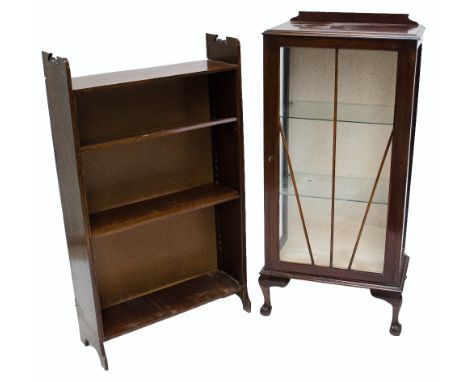 A mahogany single door display cabinet, an oak open bookcase and a carved oak stick stand (3).