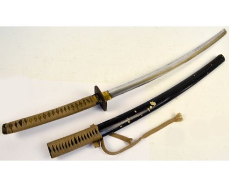 A Japanese katana with shagreen bound grip, fish and figure decorated tsuba, length of blade 67cm, in scabbard.