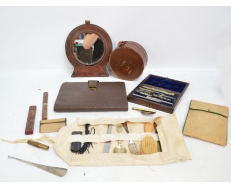 A small quantity of military related items to include field roll containing button polishing guard, utensils, extra shoe lace
