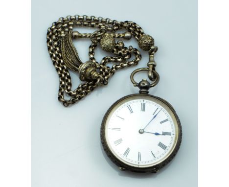 An early 20th century Swiss three bear hallmarked silver fob watch, the circular enamel dial set with Roman numerals, diamete