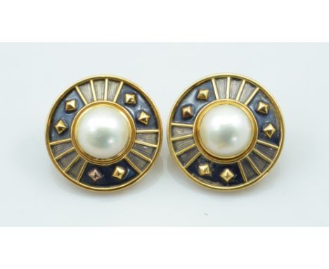 De VROOMEN; a pair of 18ct yellow gold Mabe pearl and enamel decorated ear clips of circular form, purchased from Boodles, di