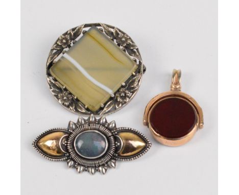 A 10ct rose gold swivel fob set with bloodstone and cornelian, a silver brooch with floral decoration centrally set with a sq