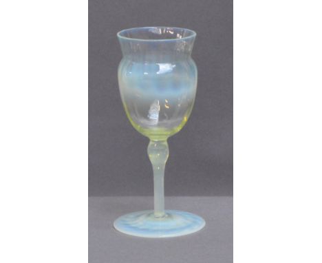 JAMES POWELL WHITEFRIARS; a straw opal glass designed by TG Jackson with shaped slightly dimpled bowl above baluster knopped 