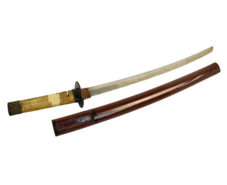 A Japanese wakizashi for restoration, with shagreen grip and pierced tsuba, length of blade 44cm, in lacquered scabbard.