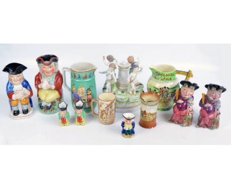 A mixed quantity of ceramics including a Melba Ware Mr Punch character jugs, further character jugs, a Crown Devon Fieldings 