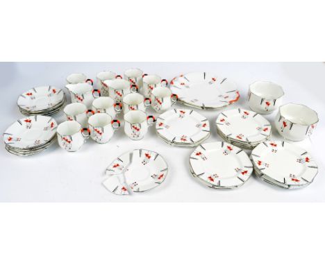 A Sutherland China Art Deco pattern part tea service, comprising two sandwich plates, two milk jugs, eleven cups, twelve sauc