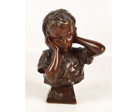AFTER EMMANUEL VILLANIS (1858-1914); an early 20th century bronze bust of a girl with her hands over her ears, one of an orig