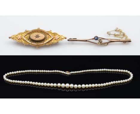 An Edwardian 9ct rose gold floral decorated bar brooch, length 5.5cm, with safety chain, a further oval lobed mourning exampl