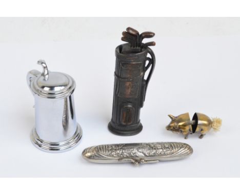 A silver plated cigar lighter in the form of a pig, an American novelty golf bag and club lighter, a Dunhill tankard table to