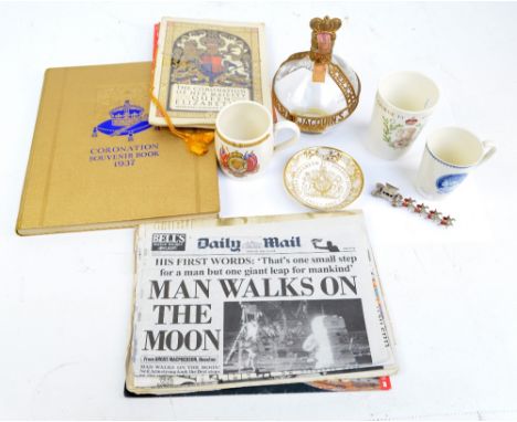 A collection of royal memorabilia including an empty bottle of 'Forbidden Fruit' American liqueur, the bottle in the shape of