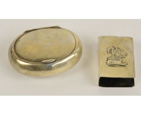 CHARLES S GREEN & CO LTD; a George V hallmarked silver snuff box of plain oval form, 8 x 6cm, and a matchbox sleeve with embo