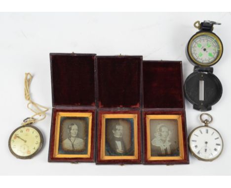 Three late 19th century leather cased ambrotype portrait photographs, two pocket watches and a plastic cased compass (6).