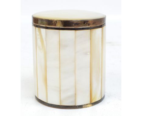 A mother of pearl panelled lidded pot with white metal banding, height 9cm.