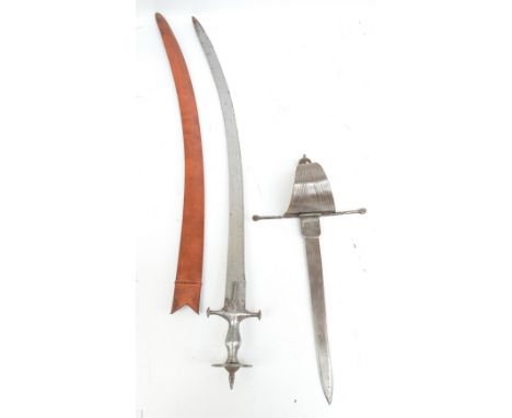 A 19th century Indian tulwar with curved blade and leather scabbard, length 94cm, also a short sword with leather wire bound 