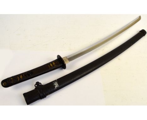 A Japanese katana with bound grip, plain tsuba, length of blade 61cm, in scabbard.   CONDITION REPORT:  We do not wish to rem