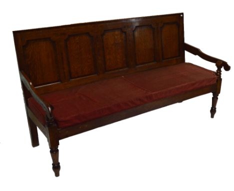 A 19th century oak five panel settle with inlay and crossbanded decoration, turned front legs to tulip feet, length 195cm.   