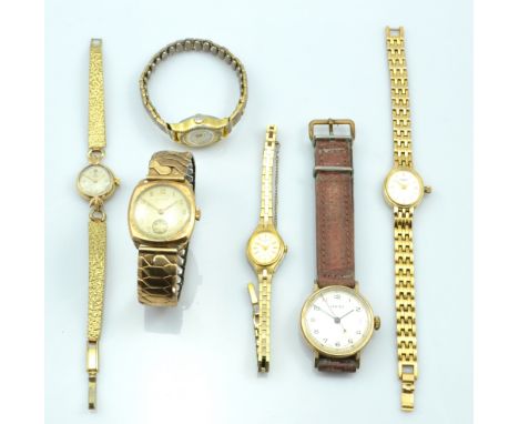 A group of six wristwatches including 9ct gold cased Vertex and Cyma examples, and stainless steel gold plated Rotary example