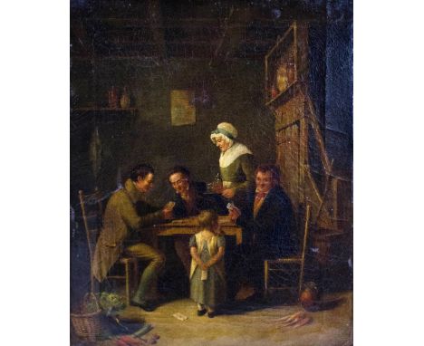IN THE MANNER OF SIR DAVID WILKIE R.A. (1785-1841); oil on canvas, gentlemen playing cards in a parlour with a small child wa