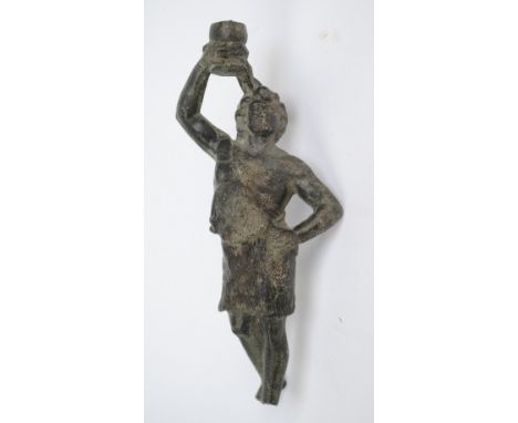 A Roman bronze figure of a male with right arm raised aloft, (af), from a larger sculpture, height 17cm.
