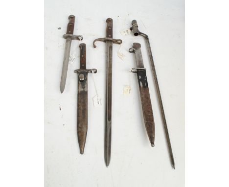 Five Turkish bayonets; 1890, M1935, G1, M1935 converted from M1903, and 1874 Peabody Providence Tool Co, two with scabbards (