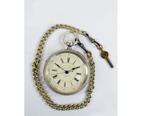 A hallmarked silver chronograph manual wind pocket watch of plain design with vacant belted cartouche, the white enamel dial 