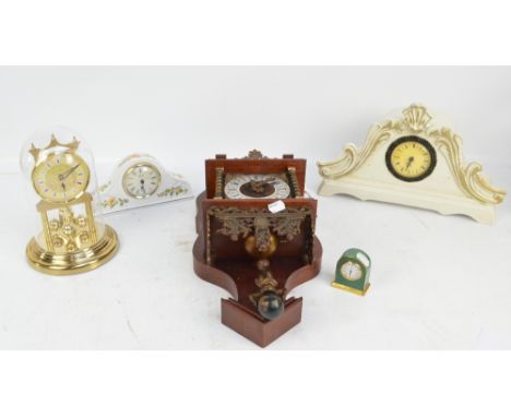 A ceramic Aynsley mantel clock, a further Aynsley example, a London Clock Company anniversary clock, a further white painted 