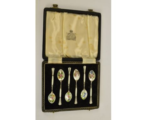 HCD (possibly Henry Clifford Davis); a cased set of six Elizabeth II hallmarked silver and enamel coffee spoons, the bowls of