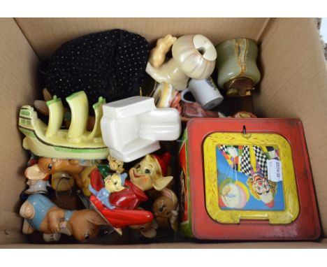 A mixed quantity of collectors' items including a Mettoy tin jack-in-a-box, two Pendelfin bunny figures 'Robert' and 'Pie Fac