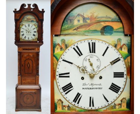 A 19th century inlaid oak eight day longcase clock, the arched enamel dial painted with rural scenes and subsidiary seconds, 