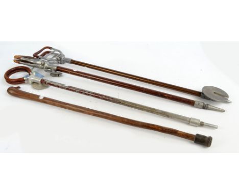 Three leather bound shooting sticks and a further walking stick (4).