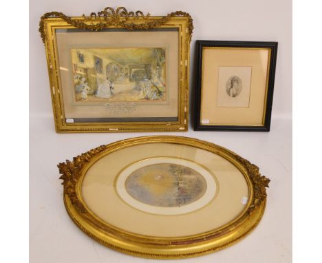 R BEATTY; oval shore/riverside scene with horses and cart and buildings beyond, signed lower left, 22 x 17cm, unattributed wa