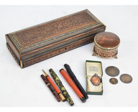 A small mixed lot of collectors' items including an Anglo-Indian Vizagapatam carved and micromosaic decorated glove box, 27.5