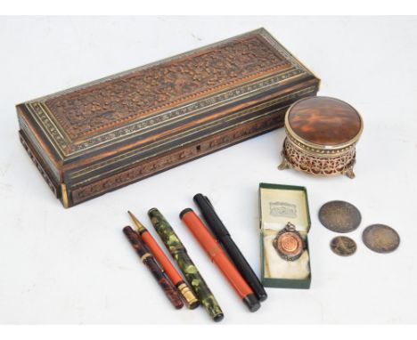 A small mixed lot of collectors' items including an Anglo-Indian Vizagapatam carved and micromosaic decorated glove box, 27.5