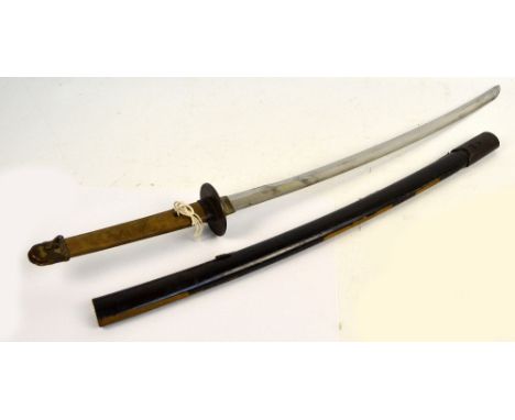 A Japanese katana for restoration, lacking grip, with plain iron tsuba, length of blade 62cm, in lacquered scabbard.