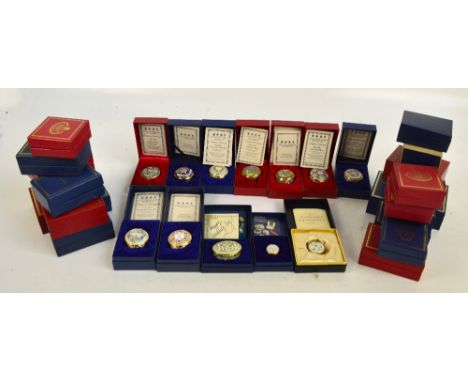 A large collection of Halcyon Days enamel boxes, mostly Christmas and Valentine's Day for different years 1980s and 90s, all 