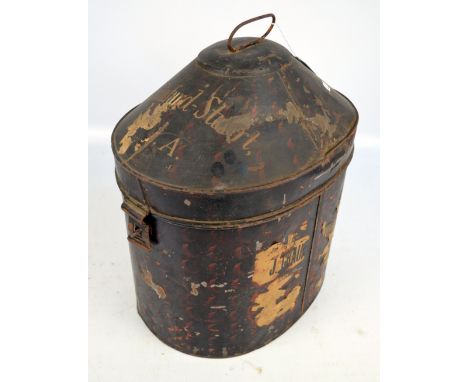 A military Indian Army oval tin hat box with domed hinged lid inscribed 'JI Crauford-Stuart I.A.', and with traces of sticker