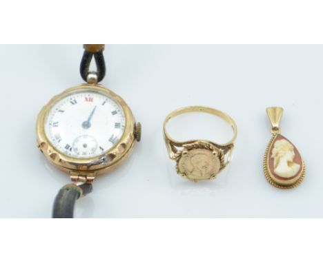 A 9ct yellow gold ring set with a Mexican coin inscribed 'Emperador Maximilino', size N, approx 2g, a cameo pendant in 9ct go