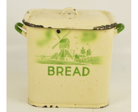 A vintage enamel twin handled bread bin of rounded rectangular form decorated with a windmill scene, height 32cm.