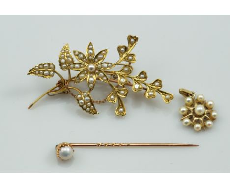 An Edwardian 15ct yellow gold seed cultured pearl set floral and foliate brooch, height 5.5cm, with safety chain, a 9ct gold 