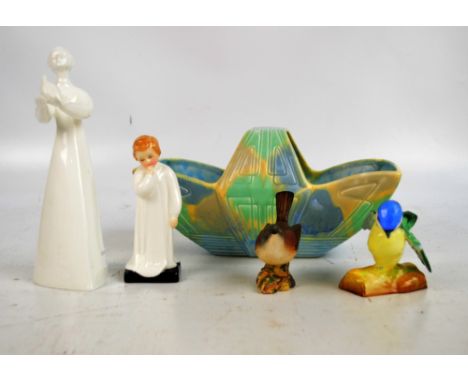 A Beswick Art Deco style ceramic trug, a 'Whitethroat' bird figure, a Crown Staffordshire figure of a blue tit, and two Royal