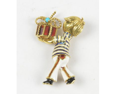 A 14ct yellow gold and enamel decorated brooch modelled as a child carrying a ribbon tied parcel, height 3.7cm, approx 10.3g.