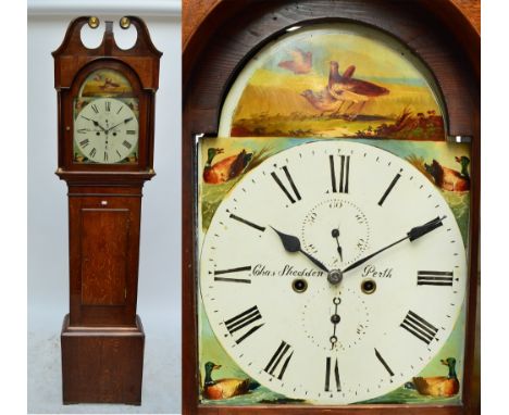 An early 19th century oak eight day longcase clock with painted dial inscribed 'Chas Shedden, Perth', with short door and pli