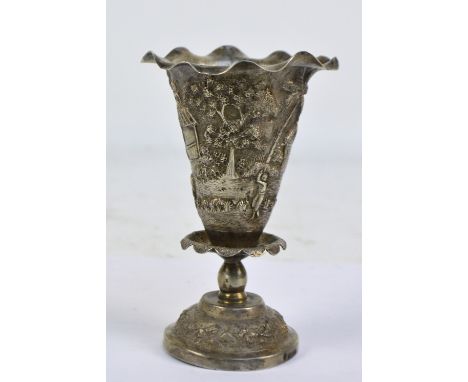 A c.1900 Indian silver vase of tapering form with flared crimped rim, overall embossed with figural and architectural landsca