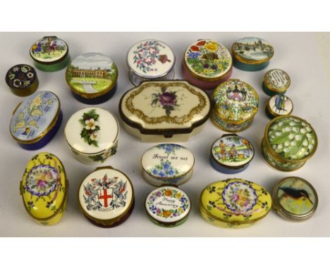 A collection of various enamel trinket boxes, including Crummles & Co, and a Halcyon Days pill box, also some ceramic example