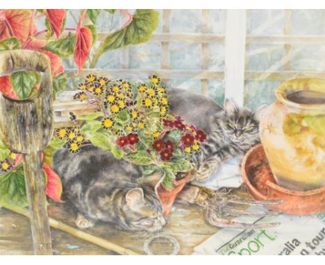 LESLEY FOTHERBY (born 1946); watercolour 'Cats in The Greenhouse', signed in pencil, with label verso for Chris Beetles Galle