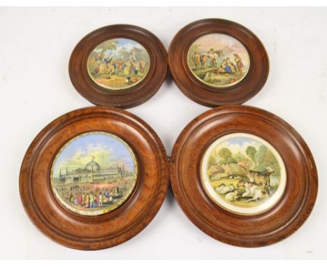 Four framed 19th century Staffordshire Prattware type pot lids including 'The Village Wedding', diameter 10.5cm (af) and an e