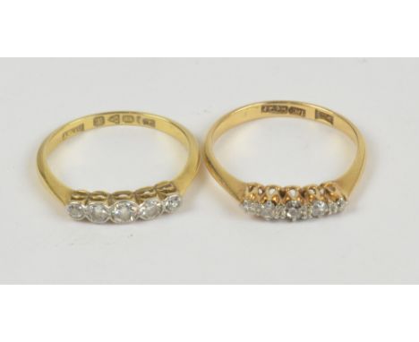 An 18ct yellow gold five stone diamond ring, size K, and a further similar example, size L, approx 3.6g (2).