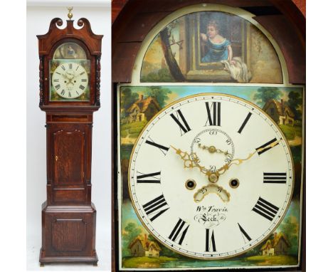 A 19th century oak eight day longcase clock, the case crossbanded in mahogany and rosewood, the arched painted enamel dial wi